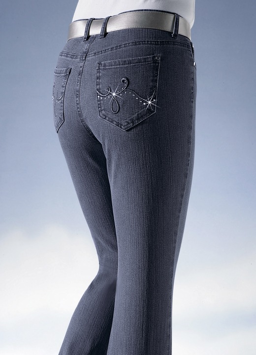 Broek met knoop- en ritssluiting - Jeans versierd met fonkelende strasssteentjes, in Größe 018 bis 088, in Farbe DONKERBLAUW Ansicht 1