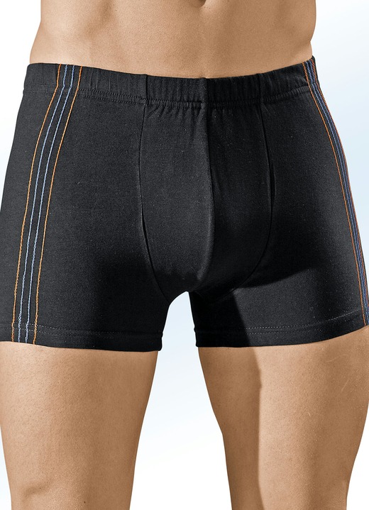 Onderbroeken - Set van vier boxershorts, effen met contrasterende zijkant, in 2 kleurcombinaties, in Größe 004 bis 011, in Farbe 2x ZWART-MANDARIJN-STAALBLAUW, 2x ZWART-ROOD-ECRU Ansicht 1