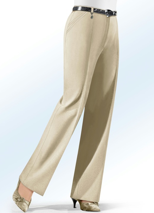 Broek met knoop- en ritssluiting - Broek met decoratieve tags in 6 kleuren, in Größe 019 bis 100, in Farbe BEIGE Ansicht 1