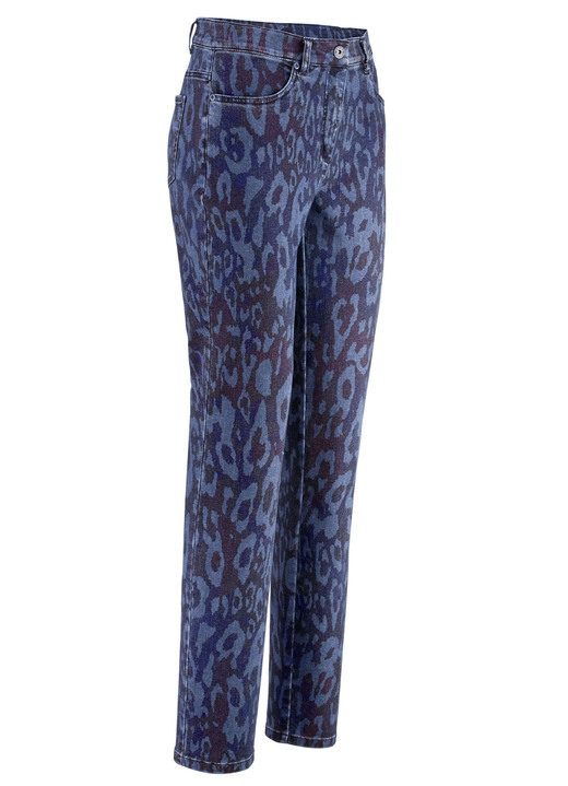 - Jeans met trendy dierenbontdessin, in Größe 017 bis 052, in Farbe DONKERBLAUW-JEANSBLAUW-BORDEAUXROOD Ansicht 1