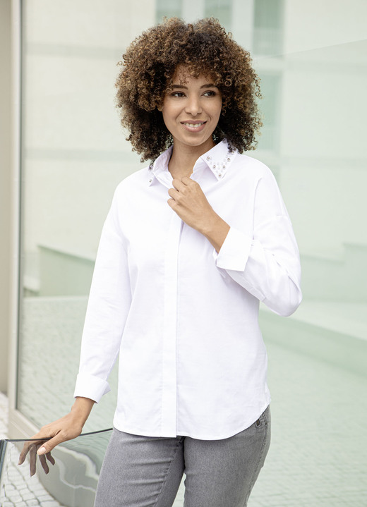 Lange mouw - Blouse met parelversiering, in Größe 038 bis 054, in Farbe WIT