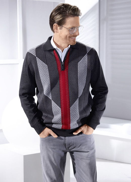 Multicolor - Comfortabele polosweater met korte ritssluiting, in Größe 046 bis 062, in Farbe ANTRACIETGRIJS-ROOD PATROON