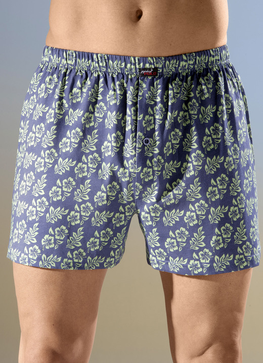 Onderbroeken - Set van vier boxershorts met knoopsluiting, in Größe 005 bis 014, in Farbe 2X GRIJS-BLAUW-GROEN, 2X GROEN-GRIJS-BLAUW