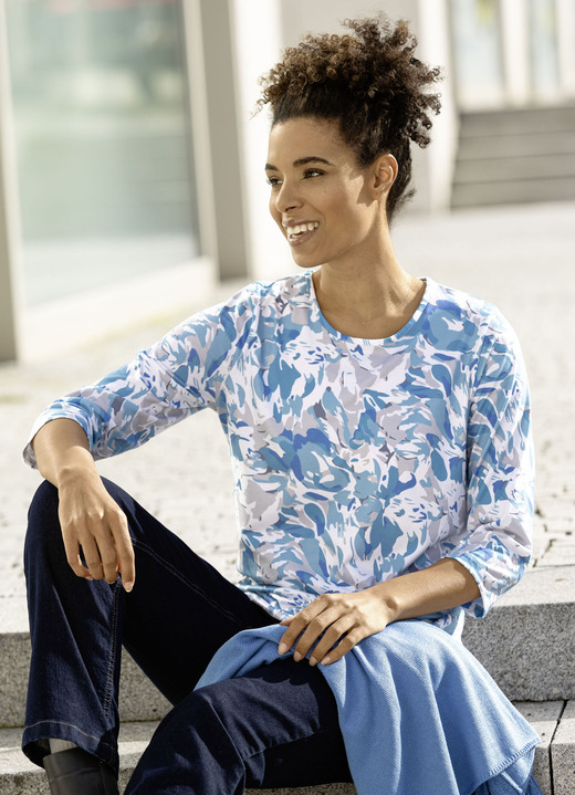 3/4-mouw - Shirt met all-over print, in Größe 036 bis 052, in Farbe WEISS-BLAU-GRAU