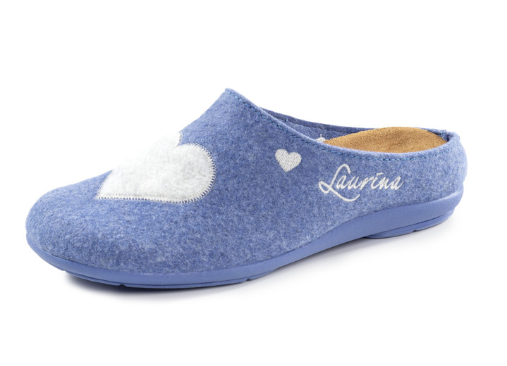 Huisschoenen - Laurina pantoffels met contrastkleurige applicatie en borduursel, in Größe 035 bis 041, in Farbe MAÏS BLAUW Ansicht 1