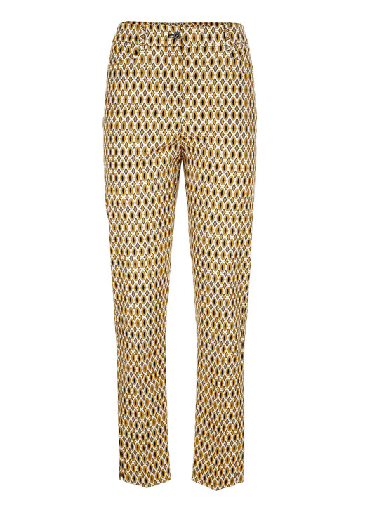 Broek met knoop- en ritssluiting - Broek met felgekleurde print, in Größe 019 bis 052, in Farbe BRUIN TERRACOTTA Ansicht 1