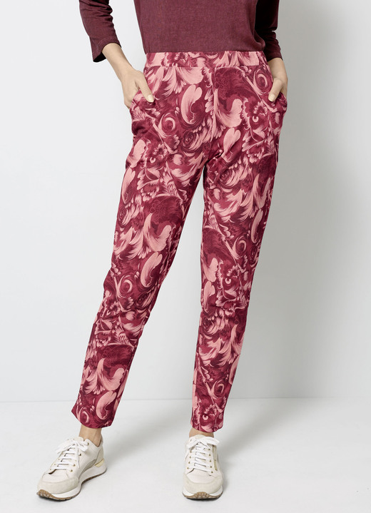 Broeken met elastische band - Broek met bloemendessin, in Größe 019 bis 052, in Farbe GRANATROT-ROSÉ